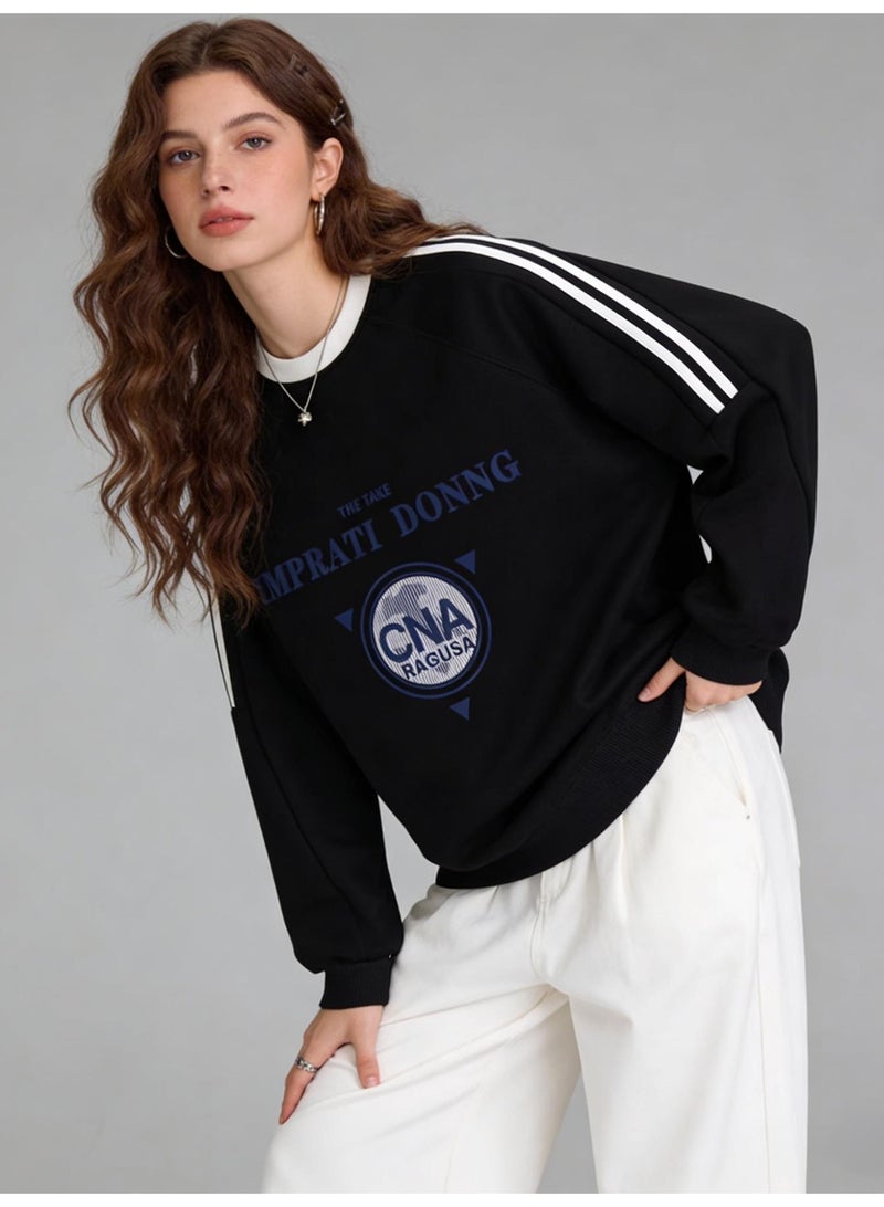 سي ان اي Black "IMPRATI DONNG" Vintage Logo Oversized Crew Neck Sweatshirt | Striped Sleeve Pullover With "CNA RAGUSA" Print - Image 5